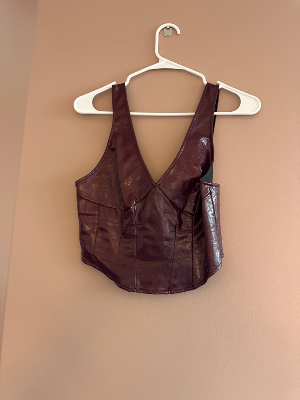 Noisy may Burgundy Faux Leather Corset Crop Top
